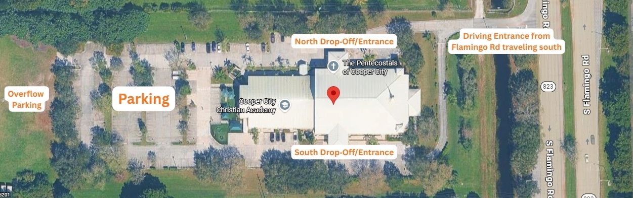 Aerial map of the Cooper City Campus showing the driving entrance from Flamingo Road traveling south, the north and south drop-off entrances, the main parking lot behind the building, and overflow parking